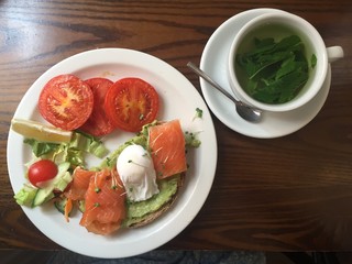 salmon avocado toast with tea and poached egg