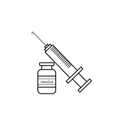 Syringe and vaccine bottle line art, flat design vector.