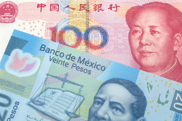 A close up image of a twenty peso note from Mexico along with a one hundred yuan bank note from the People's Republic of China