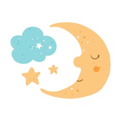 Vector cute moon clipart. Cartoon character moon, cloud, star. Hand drawn print for kids.