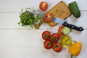 Homegrown vegetables. Fresh organic vegetables. Vegetables from the garden. Colorful vegetable. Healthy vegetable. Microgreen. View from above. Banner. Copyspace.