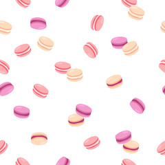 Vector seamless pattern of mini macarons with different tastes. Sweets background. Cartoon style.