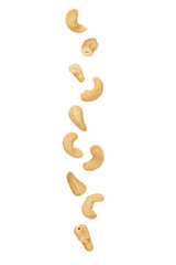 Falling cashew nuts isolated on a white background with clipping path as package design element and...