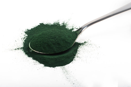 An isolated tablespoon of dried organic spirulina algae powder, on white or rustic background.