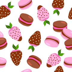 Vector seamless pattern of strawberries in chocolate and macarons with different tastes.  Sweets illustration. Dessert background. Cartoon style.