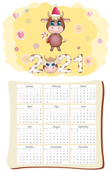 White ox calendar or planner for 2021 with cartoon bull, new year symbol, cover and 12 monthly pages