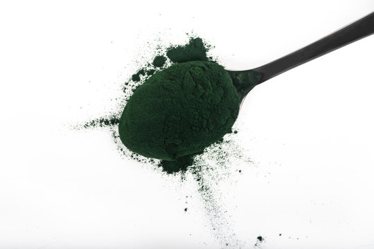An isolated tablespoon of dried organic spirulina algae powder, on white or rustic background.