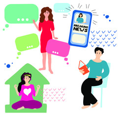 Three people kind information source: fake news toxic woman, calm yoga woman in headphones, reading book man. Spam information detox. Hand drawn time waster and self care concept vector illustration. 