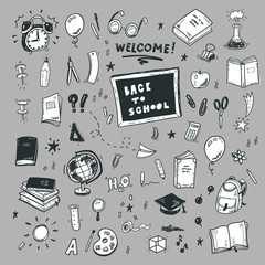 Back to school doodles set, hand drawn icons collection