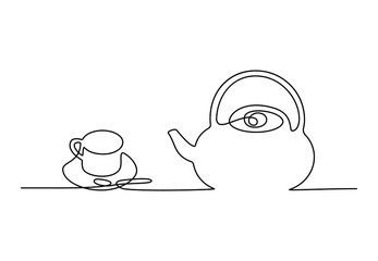 Continuous one line teapot with cup and plate. Hand drawing art breakfast theme with linear tea set for logo. Simple sketch design. Vector illustration isolated on white background