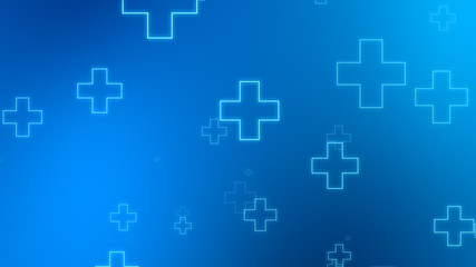 Medical health blue cross neon light shapes pattern background. Abstract healthcare technology and science concept.