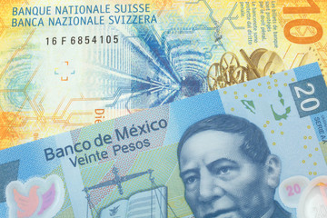 A yellow, ten Swiss franc note with a twenty Mexican peso bank note from Mexico's central bank