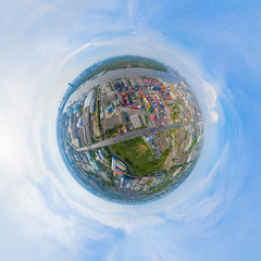 Little planet 360 degree sphere. Panorama of aerial of container cargo ship in the export and...