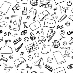 Social media seamless pattern. Internet messenger background. Cartoon hand-drawn Doodles on the subject of social media, internet, technical, computer, transport icons and symbols seamless.