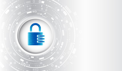 Obraz premium Abstract blue background with various technology elements. Cyber attack protection privacy concept. Futuristic padlock vector illustration. Protection from virus attack. Global antivirus secure system