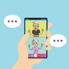 Using smart phone video call with old aged family couple man & woman. Elderly peoples staying at home with self quarantine to prevent and stop outbreak (pandemic) Covid-19 spread. Social distancing.