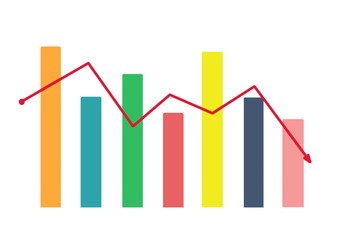 Declining bar chart with arrow going down cartoon illustration isolated on white background.