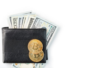 A black wallet with dollars and bitcoins on an isolated white background. Symbol of prosperity and...