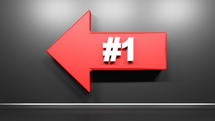 Red arrow to the left, with number 1, on black glossy wall - 3D rendering illustration