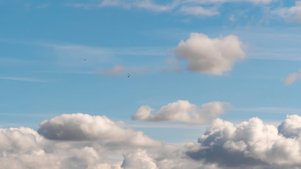 Fototapeta premium Sky with clouds. Lush, large Cumulus clouds in a clear blue sky illuminated by the rays of the sun on a Sunny day. Realistic sky background. Template. 