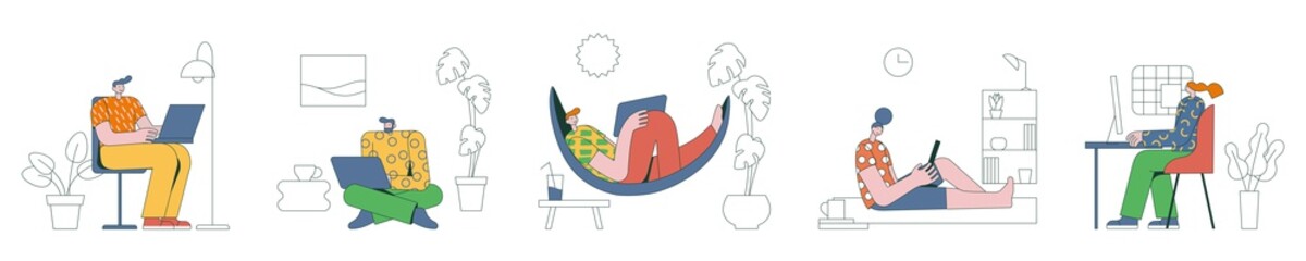 Freelance people work remotely. Character works from home or beach in comfortable conditions. Men Working on Laptop Lying in Hammock. Female profile at computer. Vector set Illustration in flat style