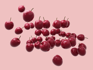 Falling cherry isolated on background, cherry in the air. 3d render
