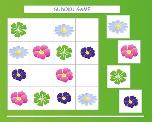 Sudoku for kids. Kids activity sheet. Training logic, educational game. Sudoku game with cute flowers.	
