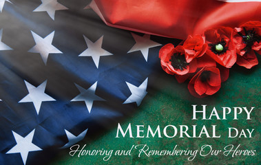 happy Memorial Day Remember and Honor text background - National holiday, American flag and a poppy flowers - obrazy, fototapety, plakaty