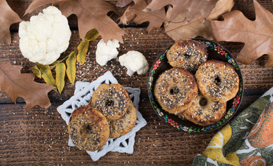 Healthy cauliflower rice bagels snack gluten free vegan low carb. Healthy eating concept. Gluten, lactose, sugar free recipe