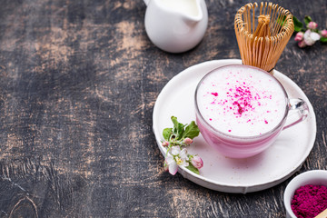 Pink matcha latte with milk