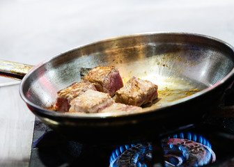 Frying Steak on Pan, Steak in the pan in the Kitchen