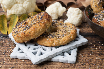 Healthy cauliflower rice bagels snack gluten free vegan low carb. Healthy eating concept. Gluten, lactose, sugar free recipe