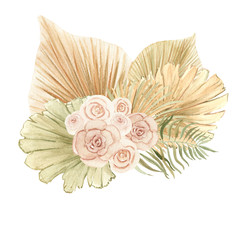 Watercolor hand-drawn boho bouquet in neutral colors with dried palm leaves and flowers. 
