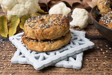 Healthy cauliflower rice bagels snack gluten free vegan low carb. Healthy eating concept. Gluten, lactose, sugar free recipe