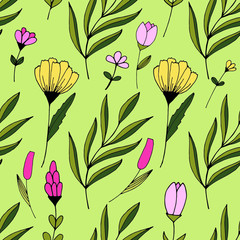 Handdrawn doodle flowers and leaves vector seamless pattern. Spring summer print for fabric and paper. Stem petals branches herb in sketchy style.
