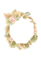 Frame with watercolor hand-drown palm leaves and flowers.