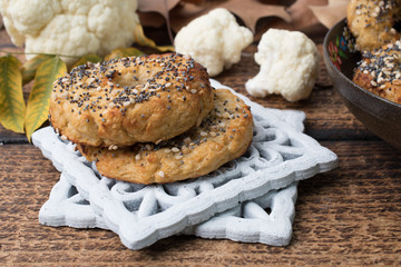 Healthy cauliflower rice bagels snack gluten free vegan low carb. Healthy eating concept. Gluten, lactose, sugar free recipe