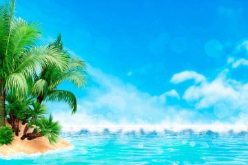 Fototapeta na wymiar Sunny tropical Caribbean beach with palm trees and turquoise water, caribbean island vacation, hot summer day.
