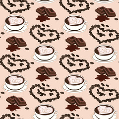 Seamless coffee theme pattern with a cup, grains, chocolate. Bright illustration suitable for decoration, design, print, fabrics.
