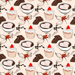 Seamless theme pattern with a cup of coffee, grains, dessert. Bright illustration suitable for decoration, design, print, fabrics.
