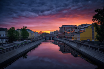 Moscow, Russia. Empty streets in the city center due quarantine COVID-19 at sunset