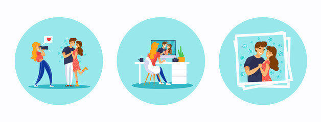 Set illustration about photographer's work: shooting, retouching on the computer, printing pictures