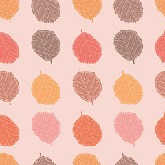 Fototapeta na wymiar Autumn colored leaves seamless illustration background. Fall vegetation vector pattern.