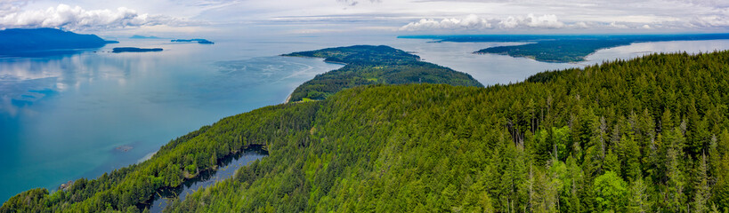 Panoramic Aerial View of the North End Of Lummi Island, Washington. Lummi Island located near the city of Bellingham, is a mostly rural destination and home to the famous Willows Inn.