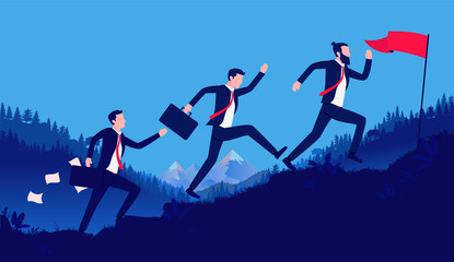 Competition - Three businessmen running up hill to reach goal and be the best. Blue sky, mountain and nature in background. Winning, success and determination concept. Vector illustration.