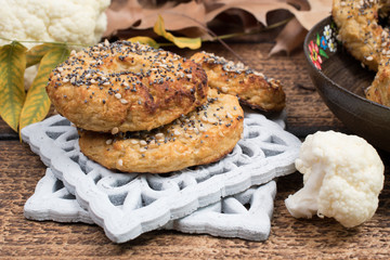Healthy cauliflower rice bagels snack gluten free vegan low carb. Healthy eating concept. Gluten, lactose, sugar free recipe