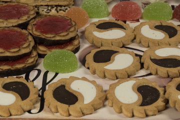 Pastry shop. Variety of cakes, chocolate, jam, marmalade, puffs, marshmallows