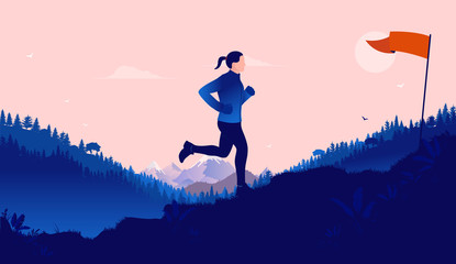 Fototapeta na wymiar Woman exercise goals - Female jogger running outdoors towards waving flag on top of hill. Determination, morning routine, wellbeing and workout concept. Vector illustration.