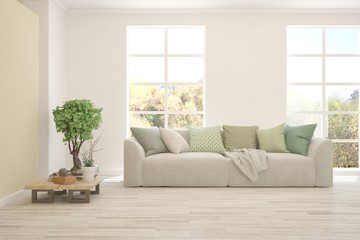 White living room with sofa. Scandinavian interior design. 3D illustration