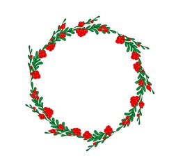 A wreath with green branches and red berries. Postcard for holiday decoration. Doodle style. Festive wreath for Mother's day, Easter, thanksgiving, birthday. Vector isolated illustration with branches